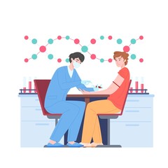 Blood test and donating, physician vector cartoon character takes blood sample from patient at medical diagnostic center