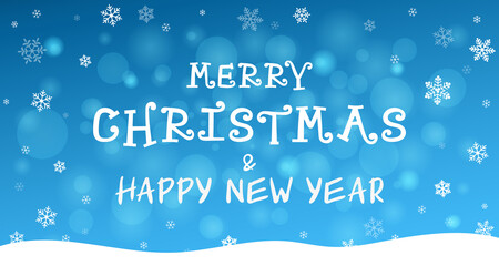 Merry Christmas and Happy New Year. Decorative background with an evening winter landscape. Cartoon curly and handwritten lettering font white color