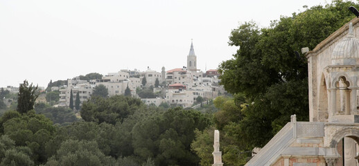 Fototapeta premium Israel city, Jerusalem, panorama, view, architecture, cityscape, panoramic, urban, building, city, skyline, landscape, east, travel, sky, street, tourism, mosque, roof, sea, mountain, Eastern style, h