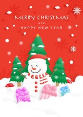 Merry Christmas. Snowman and gift boxes on red background.
