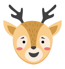 Cute simple animal deer head, cartoon wildlife character with horns portrait isolated on white background. Antelope smiling face flat vector illustration hand drawing natural mammal symbol