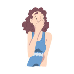 Surprised Girl Closed her Mouth by Hand, Young Woman with Shocked Face Expression Cartoon Style Vector Illustration