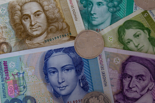 German old currency banknotes and coins
