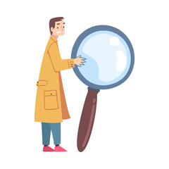 Tiny Man Holding Huge Magnifier, Male Detective Character Cartoon Style Vector Illustration