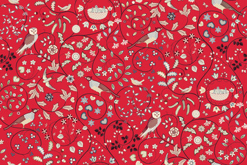 Image of Vintage seamless ornament with birds in foliage and flowers on red background. Vector illustration. printed on Printed Glass Basin Splashbacks