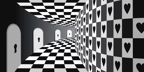 Foto op Aluminium Wonderland background: magical room with chessboard floor and many keyhole doors © svetlanasmirnova