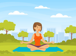 Obraz na płótnie Canvas Beautiful Woman Doing Yoga in Park, Helthy Lifestyle Concept Cartoon Vector Illustration