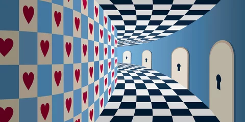  Wonderland background: magical room with chessboard floor and many keyhole doorsbanner, black, checked, checkerboard,  dream, © svetlanasmirnova