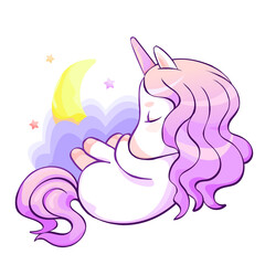 Kawaii unicorn sleeping in the sky, cartoon vector