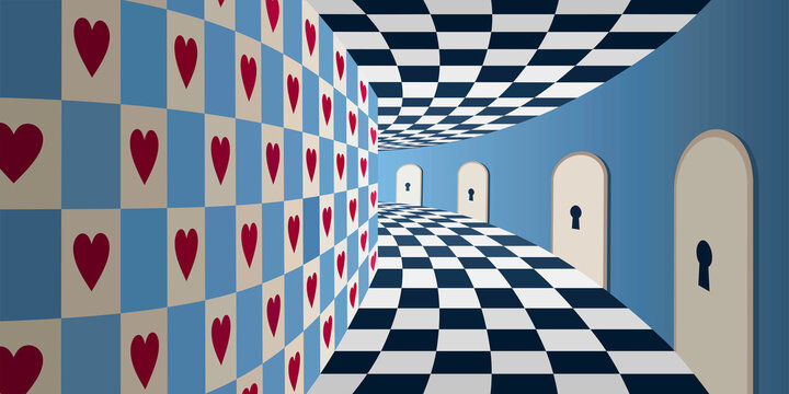 Wonderland background: magical room with chessboard floor and many keyhole doorsbanner, black, checked, checkerboard,  dream,