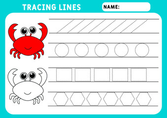 Trace line worksheet for kids. Basic writing. Working pages for children. Funny little Crab. Preschool or kindergarten worksheet. Trace the pattern. Illustration and vector outline - A4 paper