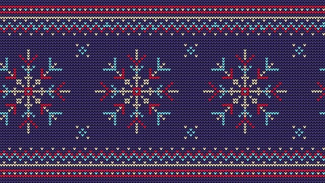 Knitted background with snowflakes and ornament. Christmas nordic video pattern. Looped animation.