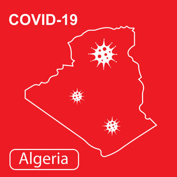 Map of Algeria labeled "COVID-19". White outline map on a red background. Vector illustration of a virus, coronavirus, epidemiology.