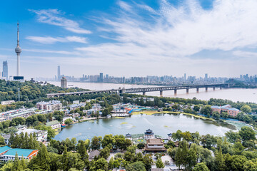 Sunny day scenery of Guishan TV Tower and Yangtze River Bridge in Wuhan, Hubei Province, China