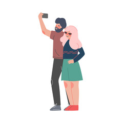 Couple Taking Selfie with Smartphone, Guy and Girl Spending Time Together Cartoon Style Vector Illustration