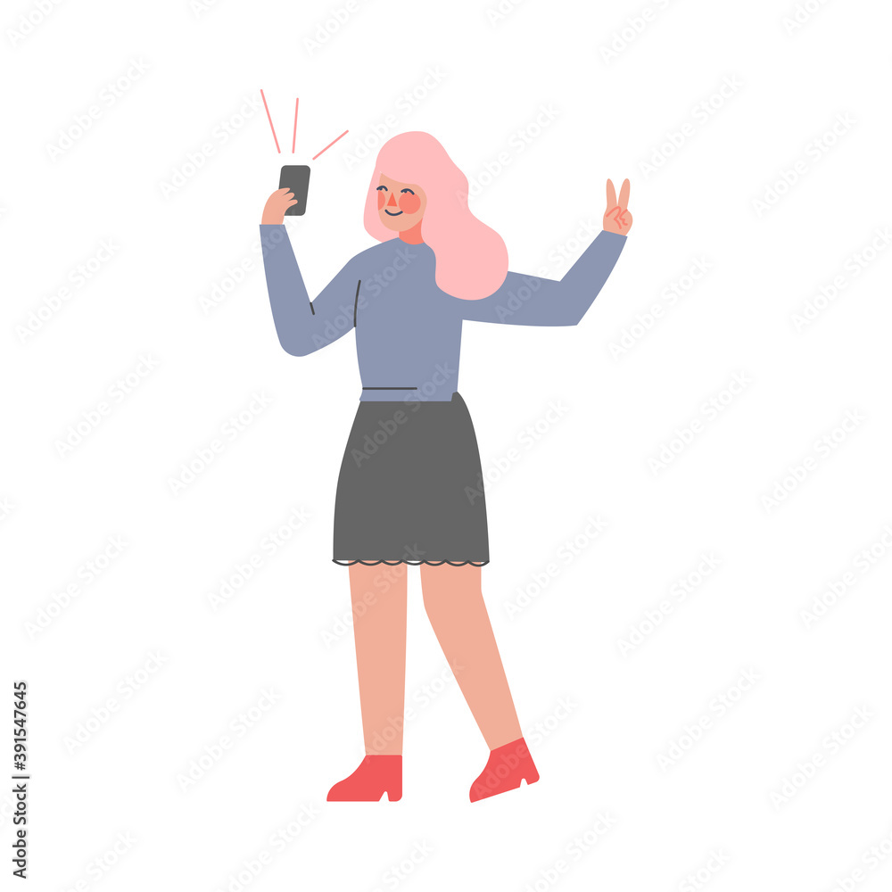 Poster Teenage Girl Making Selfie with Smartphone Cartoon Style Vector Illustration