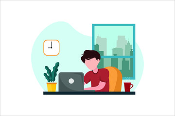 Flat illustration of character working on computer at home for prevention from corona virus.