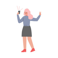 Teenage Girl Making Selfie with Smartphone Cartoon Style Vector Illustration