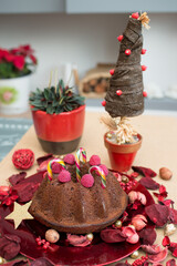 Table at Christmastime with chocolate cake