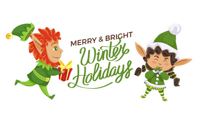 Merry and bright winter holidays caption, greeting card. Two elves greet people with christmas. Characters with presents and gifts for kids, santa claus helpers. Vector xmas illustration in flat style