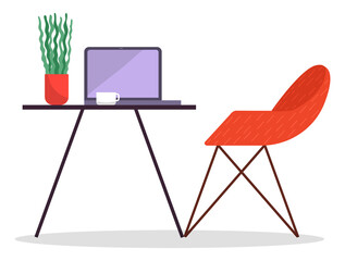 Modern workplace flat design. Soft red chair and office desk with a laptop, cup and potted plant isolated on white background. Furniture and equipment for the workplace of an employee or office worker