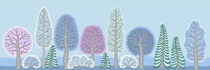 Winter fairy forest with stylized trees, Christmas trees and bushes. Forest elements for design