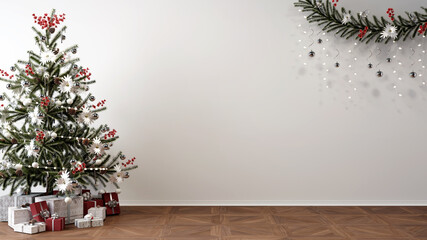 christmas tree, presents and decoration in empty living room, white mockup wall, 3D Illustration
