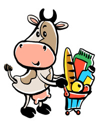 Vector cartoon animal. Cheerful funny cow with a basket full of purchases. The concept of business, advertising, trade, profit, bonuses, discounts and promotions.