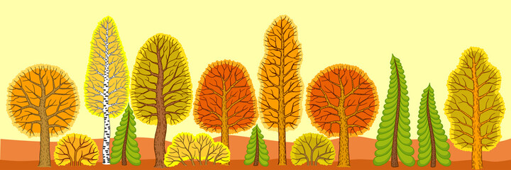 Autumn fairy forest with stylized trees, Christmas trees and bushes. Forest elements for design