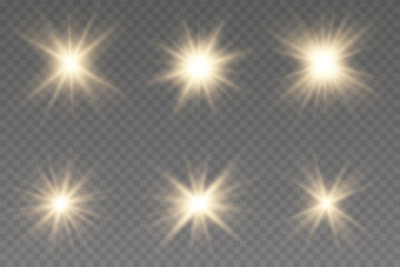 Set of gold bright beautiful stars. Light effect Bright Star. Bright flashes. Beautiful light on the translucent. Light for banners.