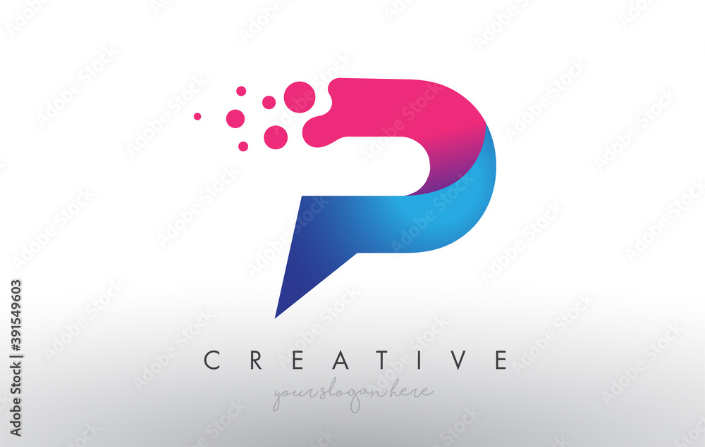 Poster P Letter Design with Creative Dots Bubble Circles and Blue Pink Colors