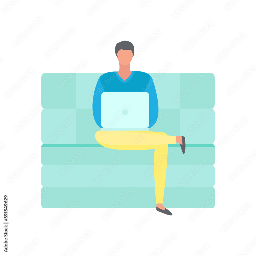 Poster man sitting on sofa and working on laptop isolated vector illustration. businessman with notebook, f