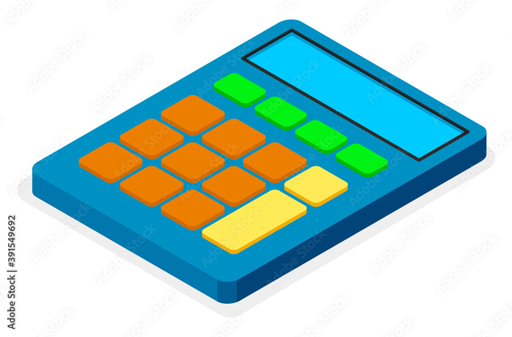 Poster blue calculator flat design, electronic device for mathematics calculations with colored buttons iso
