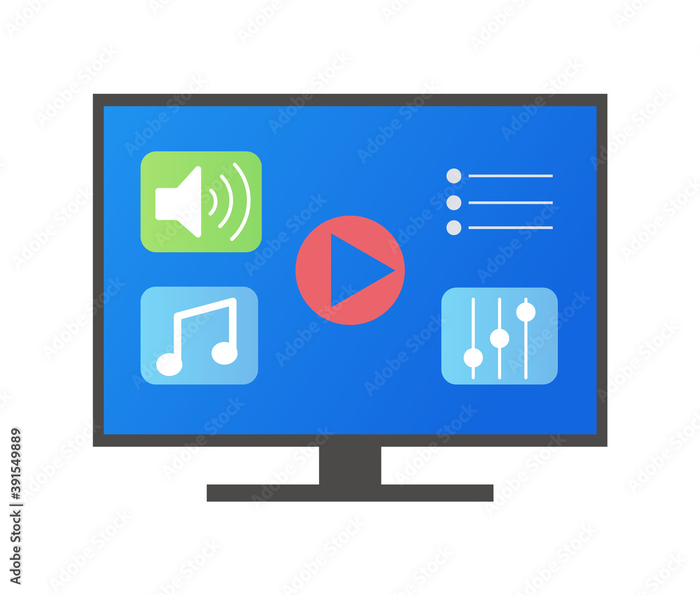 Poster tv screen vector, monitor with icons of sound controlling and settings, loudspeaker and note, button