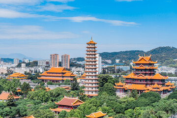 Scenery of Baoen tower and 500 Luohan Hall of Xichan temple in Fuzhou, Fujian, China