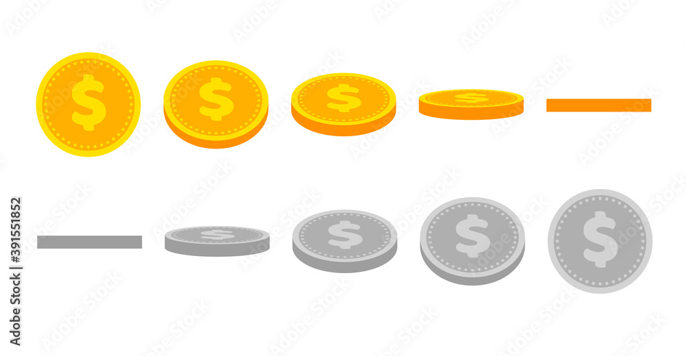 Poster gold dollar coin animation for game and apps. vector golden coins in different shapes or position. i