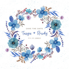 Save the date with blue  flower wreath watercolor