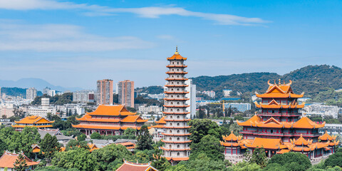 Scenery of Baoen tower and 500 Luohan Hall of Xichan temple in Fuzhou, Fujian, China