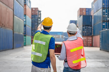 Two Foreman with laptop checking position loading Containers box from Cargo freight ship at Cargo container shipping