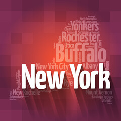 List of cities in New York USA state, map silhouette word cloud map concept