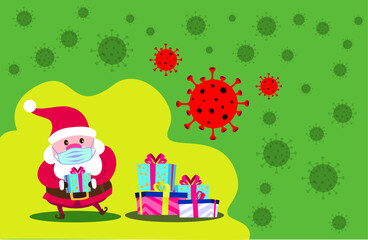 Santa Claus wearing medical mask on face to prevent Covid-19 icon vector. Santa Claus with protective mask holding gift box cartoon character. Santa with coronavirus mask icon. COVID-19 Christmas icon