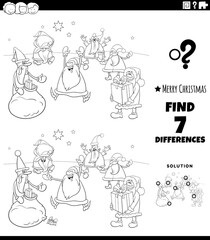 differences task with Christmas characters coloring book page