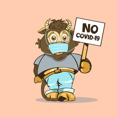 Funny baby Bull with a sign in his hand with the inscription 