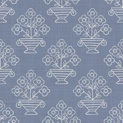 Acrylic prints Farmhouse style Seamless french farmhouse linen printed floral damask background. Provence blue gray linen pattern texture. Shabby chic style woven blur background. Textile rustic all over print