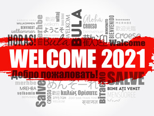 WELCOME 2021 word cloud in different languages, conceptual background