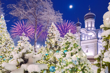 Moscow. Russia. Church in the park zaryadye. Christmas trees near the temple. Church of the...