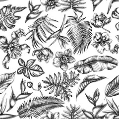 Seamless pattern with black and white monstera, banana palm leaves, strelitzia, heliconia, tropical palm leaves, orchid
