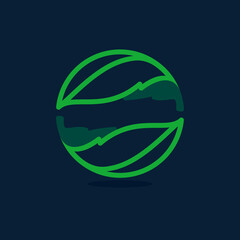 Ecology sphere line logo made of twisted green leaves.