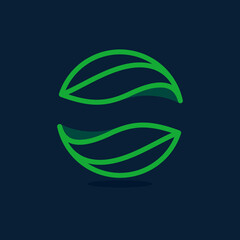 Ecology sphere line logo made of twisted green leaves.