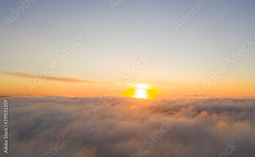 Aerial View Gold Sunrise Over Clouds In Blue Sky Aerial Top View Cloudscape Texture Of Clouds View From Above Orange Sunrise Or Sunset Over Clouds Panorama Clouds Texture Wall Mural Aleksei